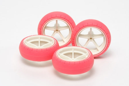 Tamiya 94767 Large Dia. Narrow Fiberglass Wheels & Arched Tires (Flourescent Pink)