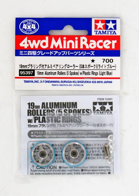 Tamiya 95397 19mm Aluminum Rollers (5 Spokes) w/Plastic Rings (Light Blue)