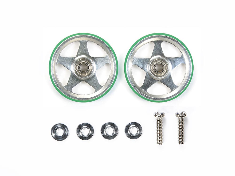 Tamiya 95493 19mm Aluminum Rollers (5 Spokes) w/Plastic Rings (Green)