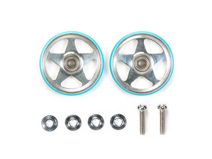 Tamiya 95397 19mm Aluminum Rollers (5 Spokes) w/Plastic Rings (Light Blue)